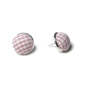 10/$10 Pink plaid, fabric covered button earrings 14 mm